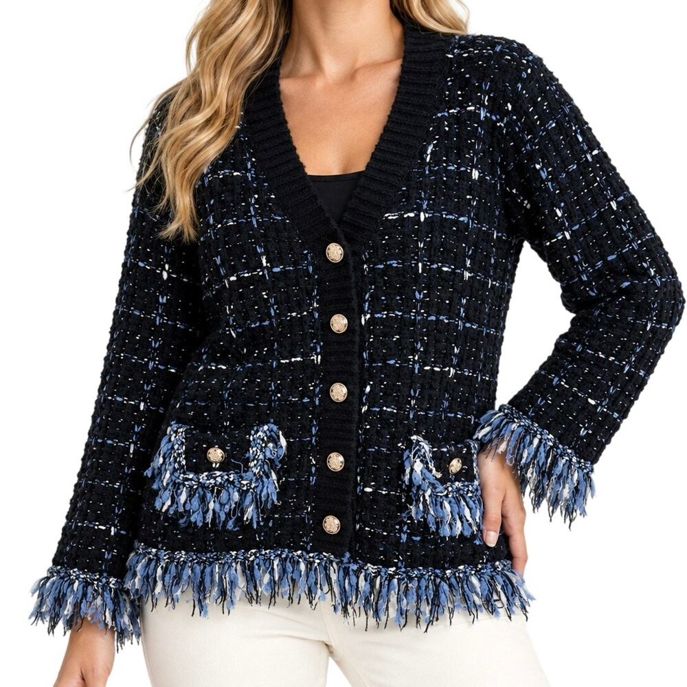 NEW NWT Creation Sz XL Navy Blue Tweed Fringe Cardigan Sweater Top Christmas